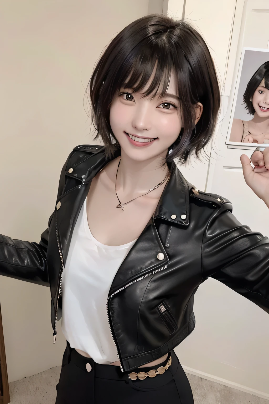 205 ((short hair)), 20-year-old female, Surrealism, Flower Smile、Gums are visible、Beautiful teeth alignment、Black Hair、ear piercing、Necklace around the neck、leather jacket、shirt、Smiling with teeth showing、The background is in the room、