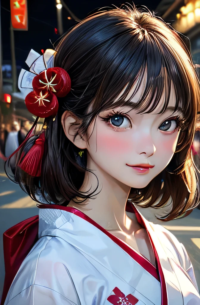 ((highest quality)), ((Highest Resolution)), ((masterpiece)), (detailed), (photograph), Anatomically correct, One Woman, looking at the camera, 25 talents, Beautiful Hair, Medium Hair, Beautiful Face, Symmetrical face, Big eyes, Slit eyes, Beautiful clavicle, Beautiful Skin, Medium chest, Cleavage, (yukata), (Yukata obi), firework, festival