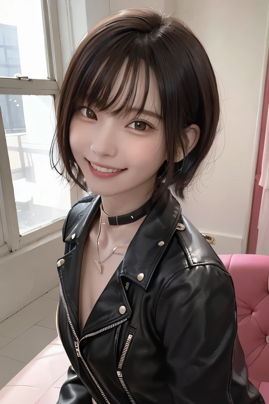 205 ((short hair)), 20-year-old female, Surrealism, Flower Smile、Gums are visible、Beautiful teeth alignment、Black Hair、ear piercing、Necklace around the neck、leather jacket、shirt、Smiling with teeth showing、The background is in the room、