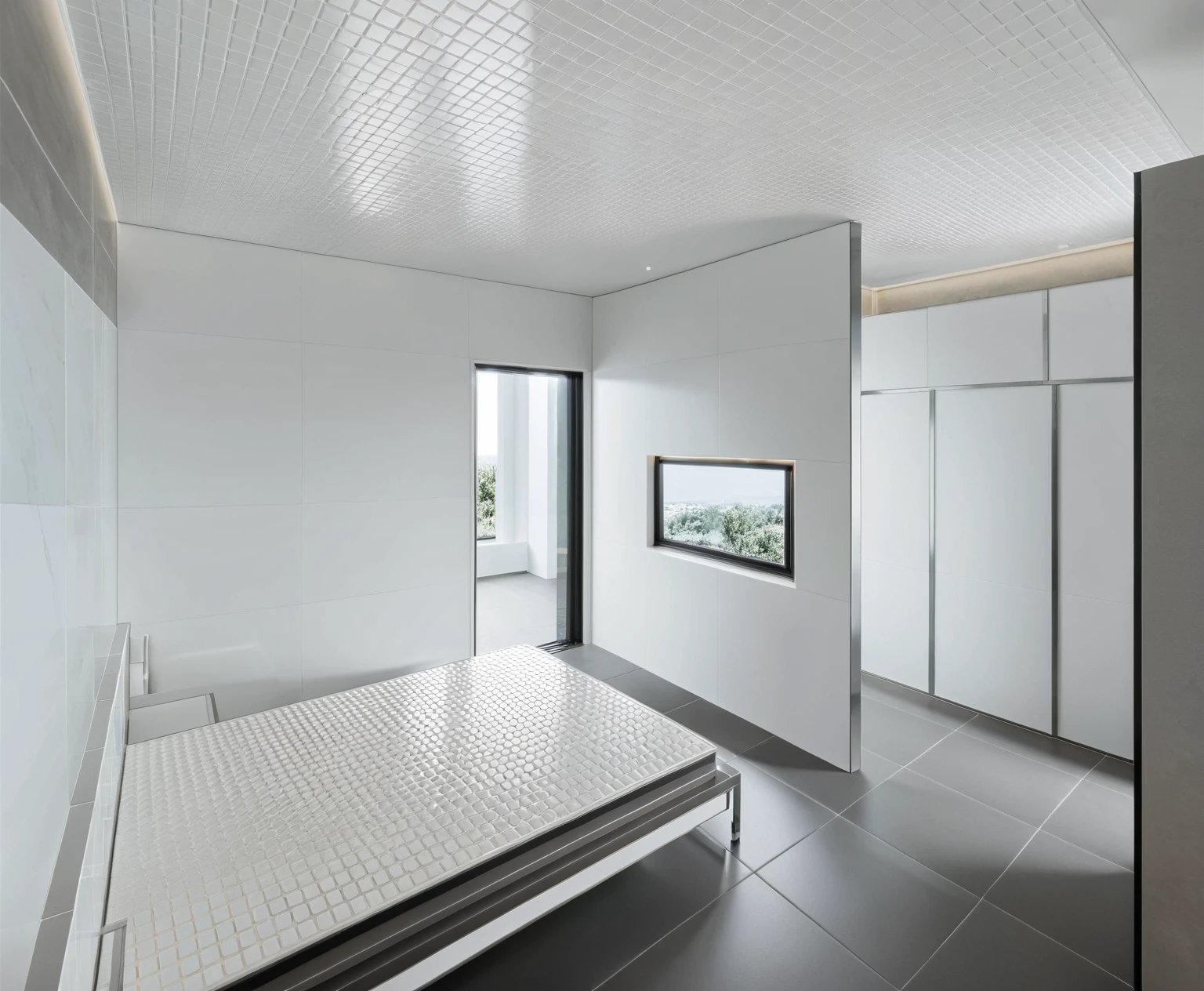 (best quality, masterpiece, high_resolution:1.5),UHD 32K, MATT CERAMIC TILING FLOOR, sharp detail, main materials white walls, WITH GREY MULLION STEEL FRAME, sky, day, indoors, no humans, window, chair, table, plant,BEDROOM ,Modern,3d style, ((FLAT  WHITE CEILING : 1.3))