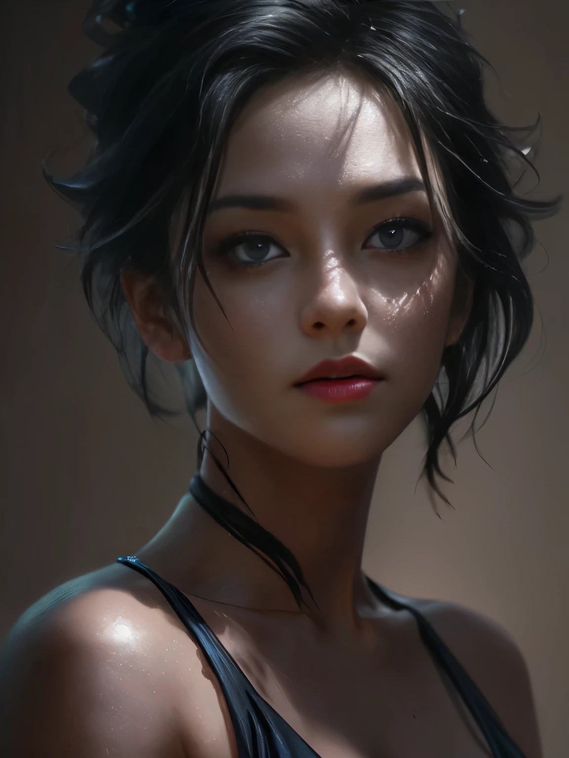 one asian girl, ada wong, solo, abs, slender body, (upper body, bust:1.2), black eyes, black hair, (small breasts, cleavage, deep cleavage:1.3), bare shoulders, masterpiece, highly detailed, look at viewer, (dark sky, rainy night background:1.2), (rain:1.3), heavy rain, water on the body, lightning in skies, lightning