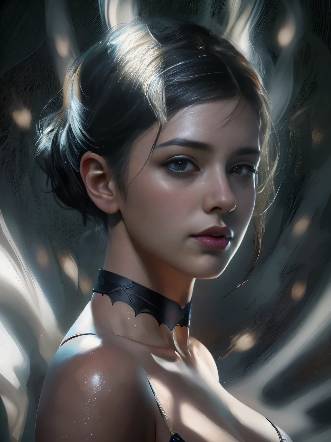 デイヴィッド・ホックニーとアルフォンス・ミュシャによるハイパーリアリズムの女性のPortraiture, Fantasy art, Realistic, Dynamic Lighting, Art Station, Poster, Volumetric lighting, Highly detailed face, 4K, Award-winning, (dark: 1.6), One Girl, In the dark, Deep Shadow, Modest, Portraiture, (bikini: 1.4), short hair, Black Hair, Peel this, Big firm bouncing Breasts