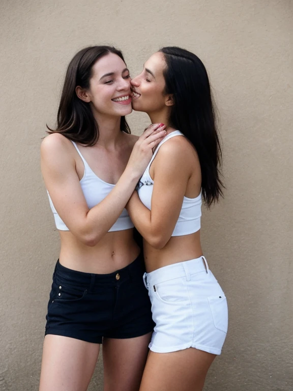 2girls, Beautiful, two women kissing each other, full body, (tight shorts: 0.8),  27-year old woman, pokies, bare midriff, (small breasts: 1.1), (tank top: 0.8),  (smiling: 1.2), sultry, sexy, (pale skin: 0.2), (shoulder-length hair: 0.8), detailed skin, natural skin, (skin moles: 1.2), (soft lighting: 0.7), navel, no makeup,  (film grain: 0.4),  thin, (blonde hair: 0.3)