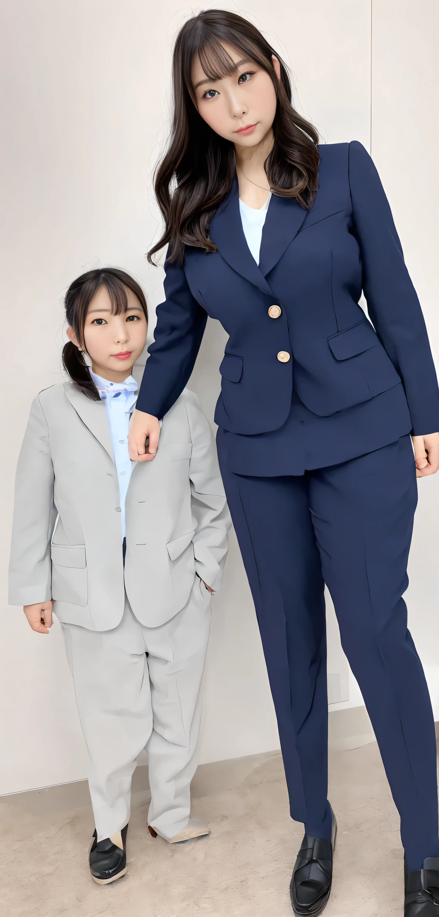 Japanese ID, Mature Woman, ((Chubby round face around 30 years old)), Wavy black hair with no bangs, Long Hair:1.65, Big twin ponytail:1.79, Flashy makeup, Fuller lips, Sexy Gaze, very cute uniform, ((dressing)), looking at the camera, Low angle shooting, Cute duck lips,((Very accurate and correct anatomy)), (masterpiece:1.3), Perfect balance, Realistic photos, Full Shot, whole body, ((height: 182cm)), High heels, loafers, (2 Foot, Two Arms), ((Panty shot)),Big Breasts:1.95
