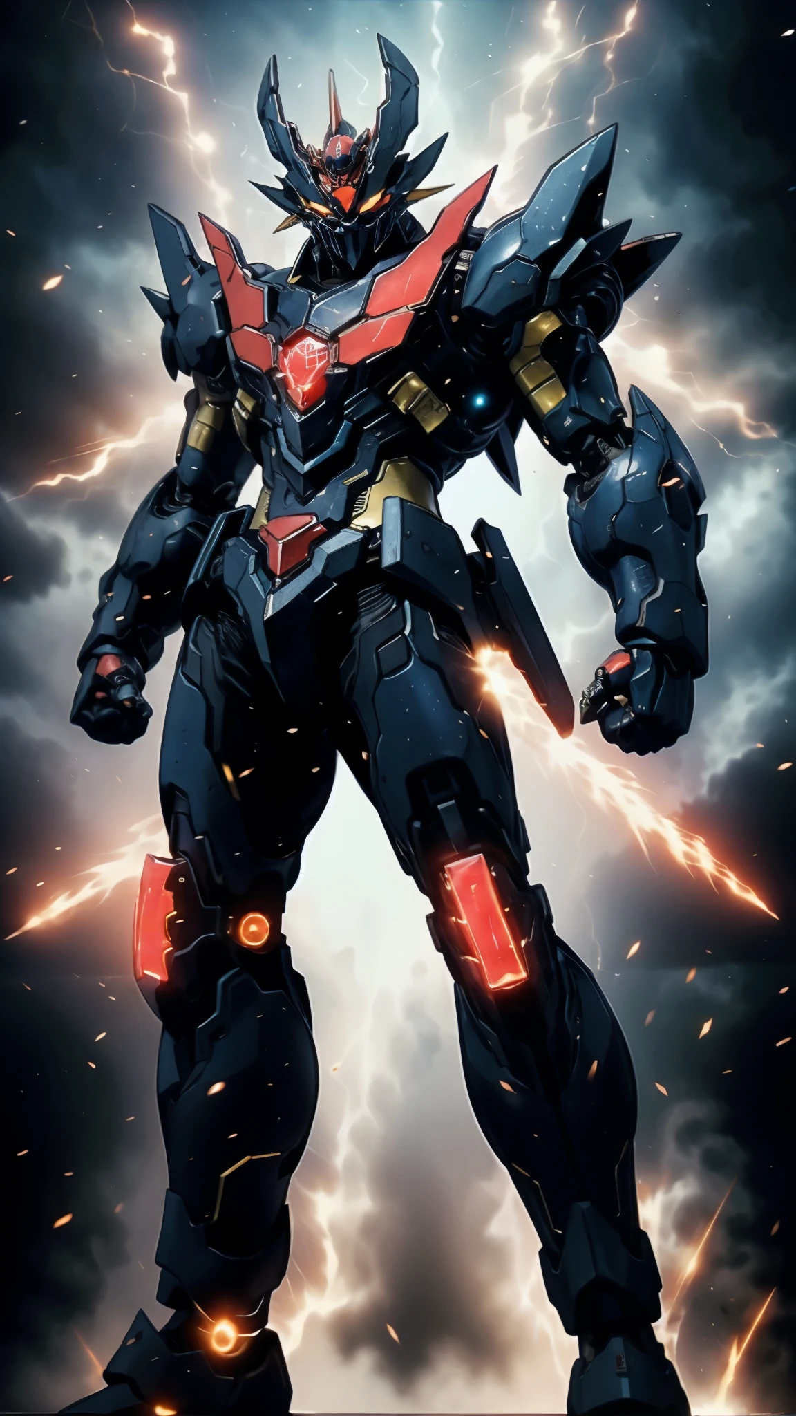 Humanoid Mecha, fully enclosed shoulder guards, matching arm and leg guards, full body, full armor, super robot, the design balances heavy with agility, (the color scheme is primarily white with red and blue accents, the concept Inspired by super robot, Lion concept chest armor, pose, standing, floating high above the futuristic sci-fi city), exquisite and mature art style, (aura effect, energy, glowing eyes, the armor glows), ((SRS)), metallic, dramatic, high definition, best quality, highres, ultra-detailed, ultra-fine painting, extremely delicate, professional, perfect body proportions, anatomically correct, symmetrical face, extremely detailed eyes and face, high quality eyes, creativity, RAW photo, UHD, 32k, Natural light, cinematic lighting, masterpiece-anatomy-perfect, masterpiece:1.5