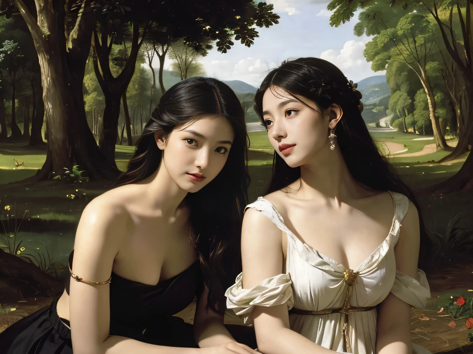 Giorgione painting style,Barbizon forest A beautiful woman in Greek dress smiles on the shore,Sweet and seductive appearance.、Caravaggio's paintings、Chiaroscuro of Caravaggio、hair tousled by the wind,Two women frolicking,cute smile, expression of ecstasy,Sexy,erotic, full body portrait