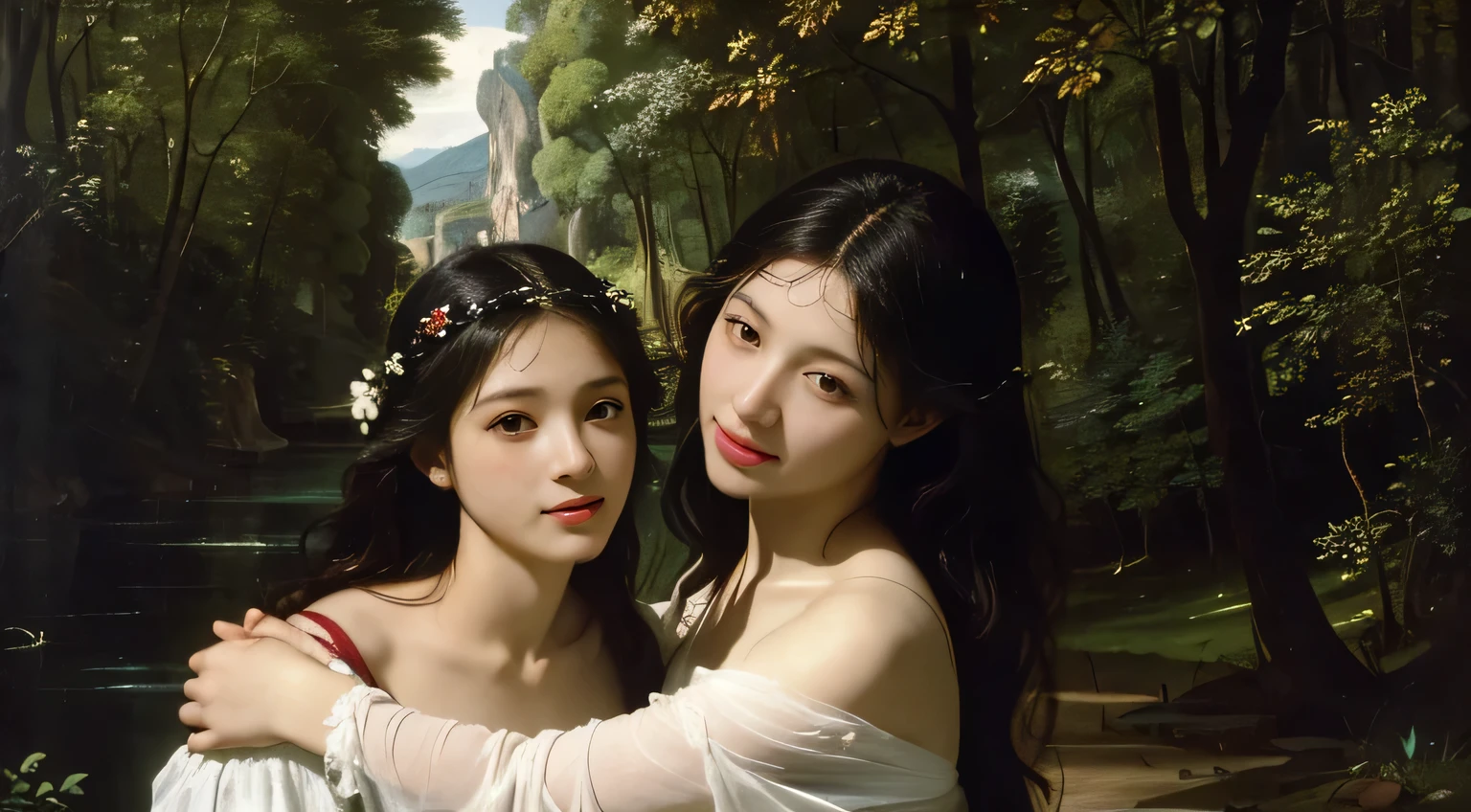 Giorgione painting style,Barbizon forest A beautiful woman in Greek dress smiles on the shore,Sweet and seductive appearance.、Caravaggio's paintings、Chiaroscuro of Caravaggio、hair tousled by the wind,Two women frolicking,cute smile, expression of ecstasy,Sexy,erotic, full body portrait