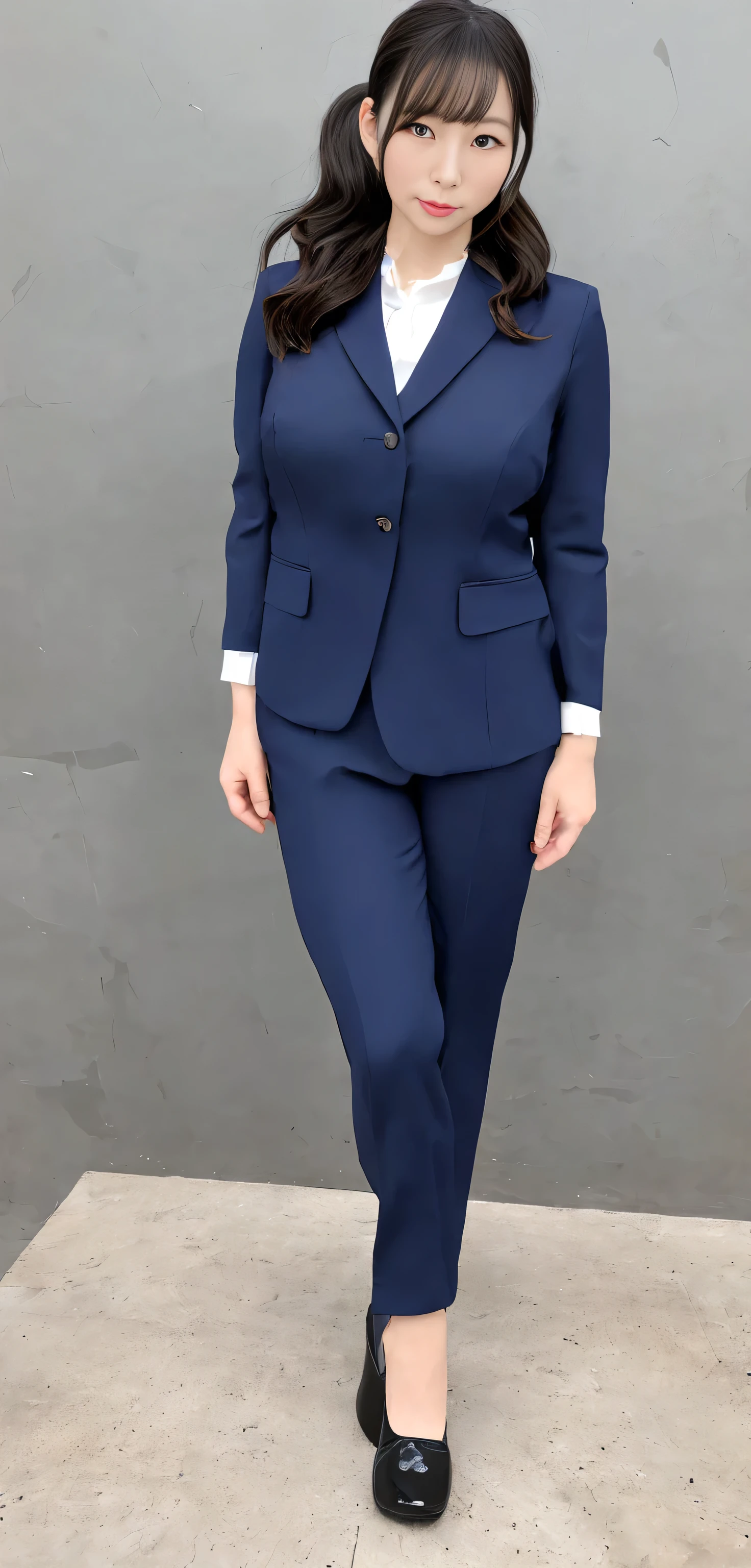 Japanese ID, Mature Woman, ((Chubby round face around 30 years old)), Wavy black hair with no bangs, Long Hair:1.65, Big twin ponytail:1.79, Flashy makeup, Fuller lips, Sexy Gaze, very cute uniform, ((dressing)), looking at the camera, Low angle shooting, Cute duck lips,((Very accurate and correct anatomy)), (masterpiece:1.3), Perfect balance, Realistic photos, Full Shot, whole body, ((height: 182cm)), High heels, loafers, (2 Foot, Two Arms), ((Panty shot)),Big Breasts:1.95