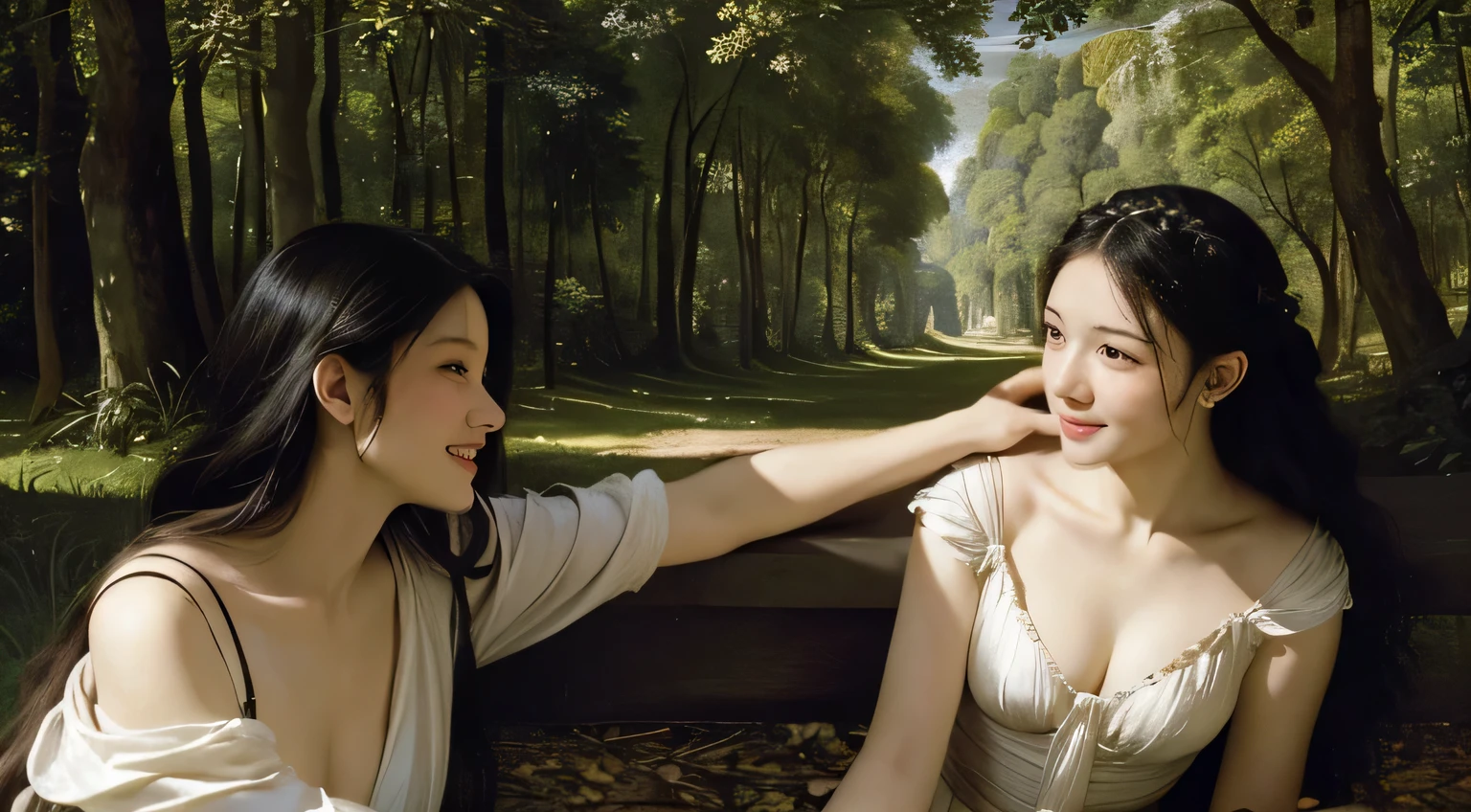 Giorgione painting style,Barbizon forest A beautiful woman in Greek dress smiles on the shore,Sweet and seductive appearance.、Caravaggio's paintings、Chiaroscuro of Caravaggio、hair tousled by the wind,Two women frolicking,cute smile, expression of ecstasy,Sexy,erotic, full body portrait