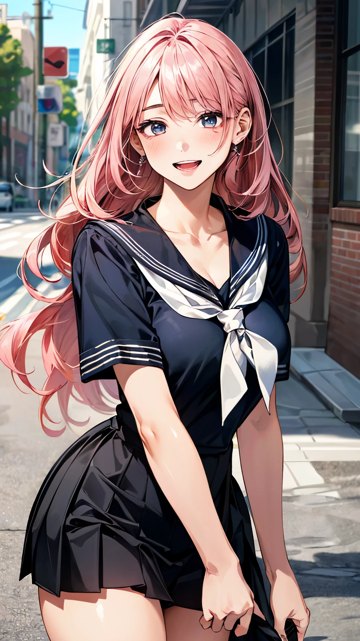(masterpiece:1.3, top-quality, ultra high res, ultra detailed), (realistic, photorealistic:1.4), beautiful illustration, perfect lighting, natural lighting, colorful, depth of fields, , 
beautiful detailed hair, beautiful detailed face, beautiful detailed eyes, beautiful clavicle, beautiful body, beautiful chest, beautiful thigh, beautiful legs, beautiful fingers, shiny skin, 
looking at viewer, 1 girl, high school girl, (perfect anatomy, anatomically correct, super detailed skin), cute and symmetrical face, babyface, perfect face, perfect eyes, perfect body, 
(long hair, curvy hair, sideburns, pink hair), bangs, black eyes, blue eyes, drooping eyes, long eyelashes, (large breasts:0.9, seductive thighs), curvy, 
(detailed cloth texture), short sleeve, black sailor suit, black pleated skirt, red sailor scarf, 
(beautiful scenery), summer, evening, (downtown:1.2), standing, (lovrly smile, upper eyes, open mouth small), 