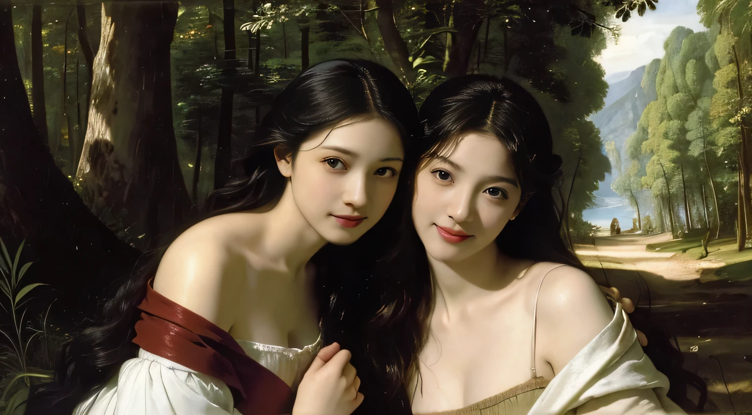 Giorgione painting style,Barbizon forest A beautiful woman in Greek dress smiles on the shore,Sweet and seductive appearance.、Caravaggio's paintings、Chiaroscuro of Caravaggio、hair tousled by the wind,Two women frolicking,cute smile, expression of ecstasy,Sexy,erotic, full body portrait