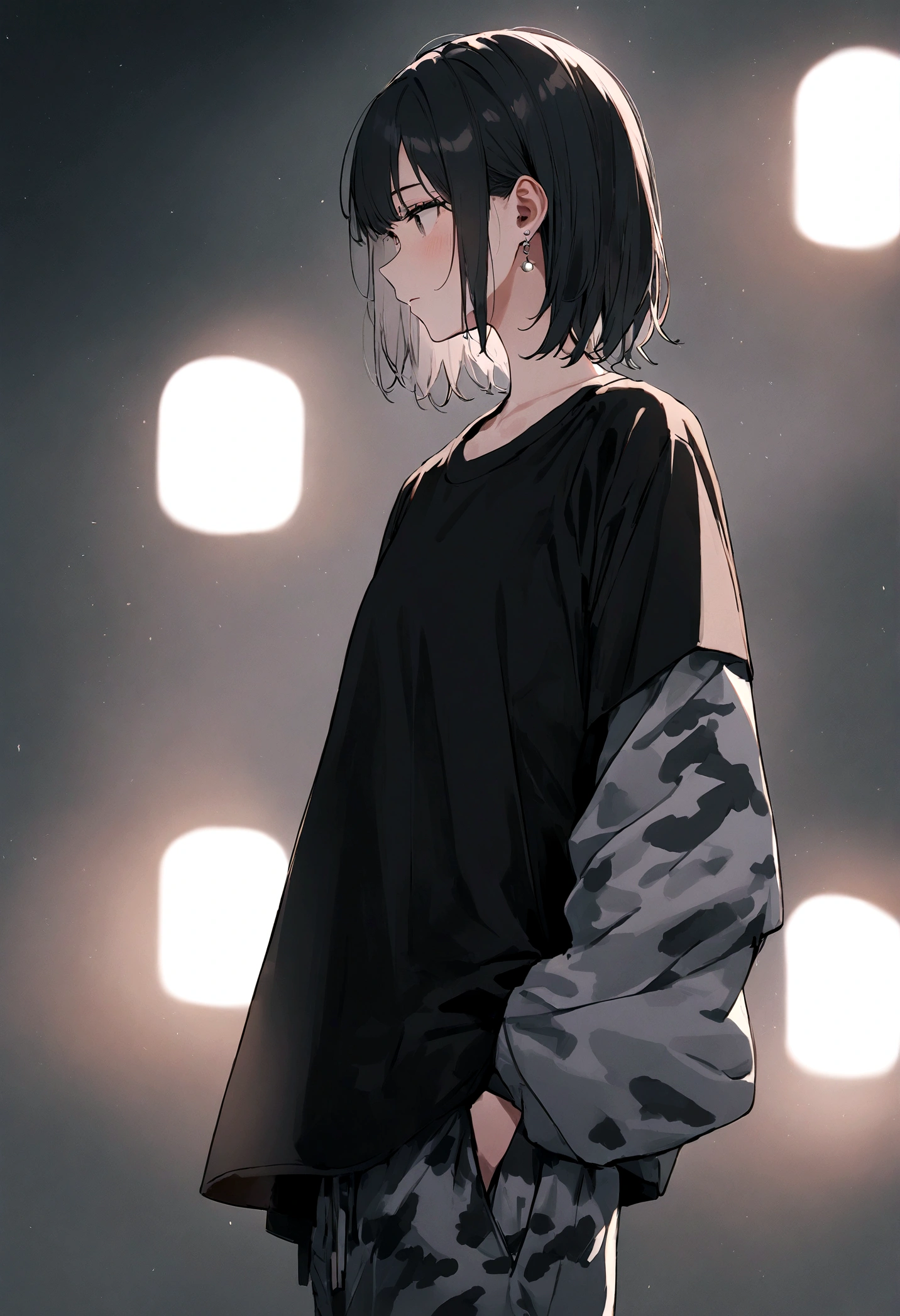 18, alone, high school student, oversized black shirt, long sleeves, gray camouflage sweatpants, small silver earrings, looking on, bright white lighting, ((graduation:1.2))