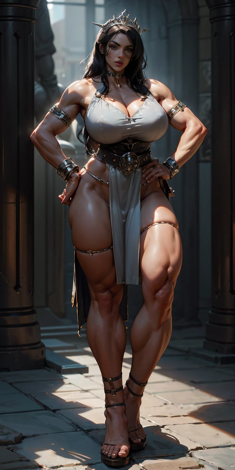 full body, whole body. loincloth standing, hands on hips full body, 1solo (girl). slave fighter, metal sandals, choker, big belt, feet together, bracers, tiara