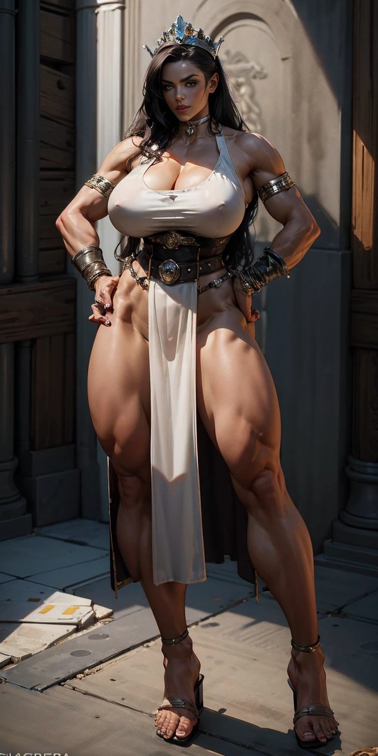 full body, whole body. loincloth standing, hands on hips full body, 1solo (girl). slave fighter, metal sandals, choker, big belt, feet together, bracers, tiara