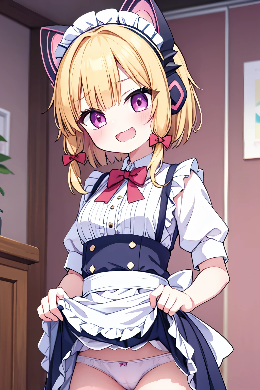 G-Cup　　masterpiece　highest quality　High resolution　Blonde　Maid　Skirt lifted　Show your pants　cute　Momoi Saiba　smile　A slightly open mouth　Light in your eyes　Eye highlights