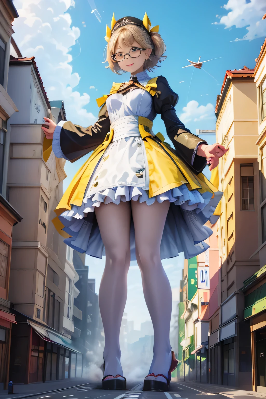 giantess art, highly detailed giantess shots, giantess, Two legs, Five fingers, short hair, super giant princess, A beautiful girl who is bigger than any skyscraper, Wearing rimless glasses, smile, Big Breasts, White gorgeous dress, White Pantyhose, white pantyhose, White stiletto sandals, toes visible through pantyhose, Destroying cities, A very small big city, Miniature metropolis, Full body description, GTS, giga giantess, stomping city, crash city, tiny city, micro city, pantyhose feet, High resolution, highest quality, masterpiece, princess dress,