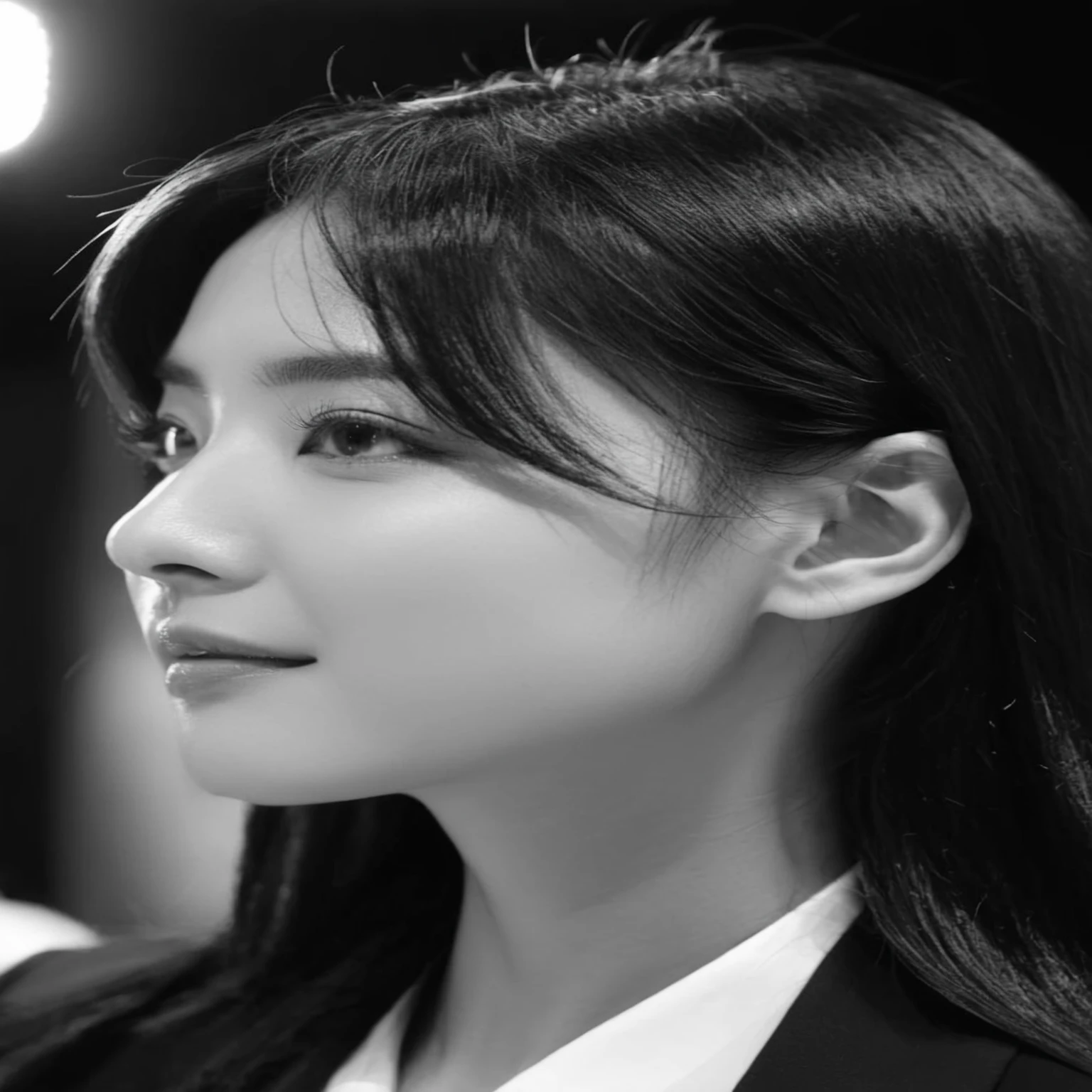 (masterpiece:1.2) (highest quality) (detailed) (complicated) (8k) (High resolution) (wallpaper) (Cinema Lighting) (Sharp focus), A high-quality photo of a Japanese woman with long black hair, taking a selfie in a black-and-white filter. She is wearing a suit and holding a smartphone in her right hand, with the light reflecting off the phone’s screen. The photo captures a side profile of her face, with a soft and subtle expression, similar to the uploaded image.