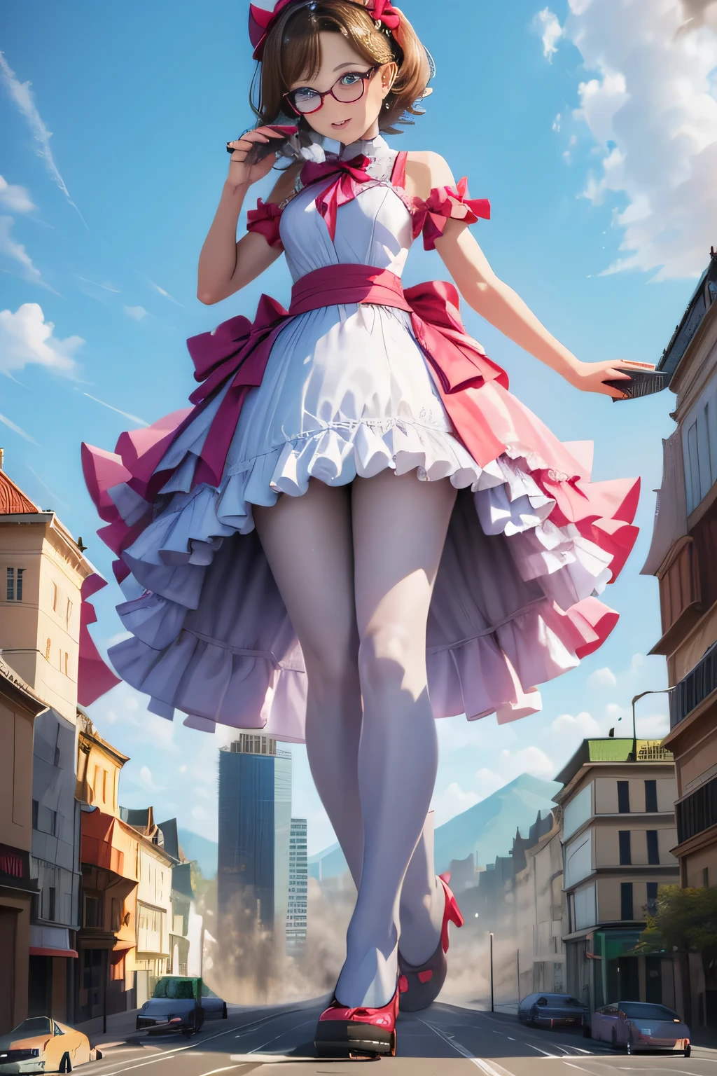 giantess art, highly detailed giantess shots, giantess, Two legs, Five fingers, short hair, super giant princess, A beautiful girl who is bigger than any skyscraper, Wearing rimless glasses, smile, Big Breasts, White gorgeous dress, White Pantyhose, white pantyhose, White stiletto sandals, toes visible through pantyhose, Destroying cities, A very small big city, Miniature metropolis, Full body description, GTS, giga giantess, stomping city, crash city, tiny city, micro city, pantyhose feet, High resolution, highest quality, masterpiece, princess dress,