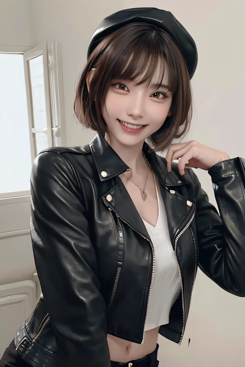 205 ((short hair)), 20-year-old female, Surrealism, Flower Smile、Gums are visible、Beautiful teeth alignment、Black Hair、ear piercing、Necklace around the neck、leather jacket、shirt、Smiling with teeth showing、The background is in the room、hat