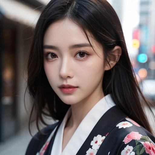 Beautiful supermodel woman with dark hair, A lock of hair with slight highlights, black eyes, mixed media, sexy,Japanese style street background,Colorful kimono , Liquid color flows across her face, Photographed by Yui Aragaki