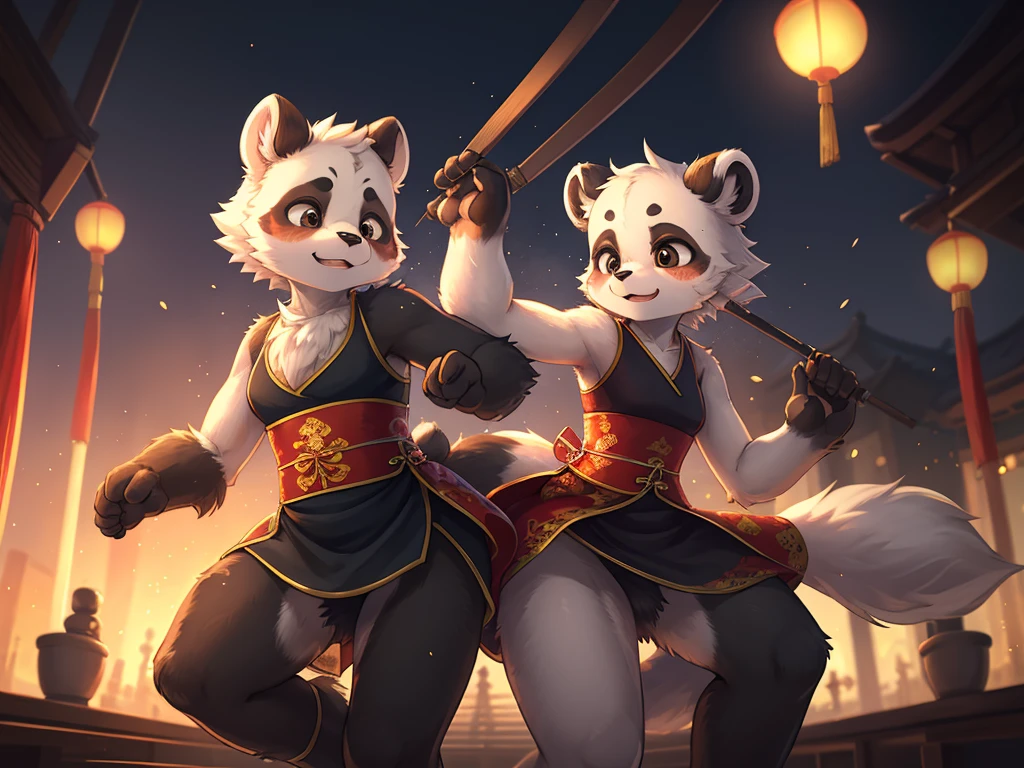 Ink painting , Hallucination, daydream , bokeh , hairy fur , messy slender panda girl , china dress , Chest protrusion , Chinese Panda pattern face , Kung Fu action , Do Tai Chi , Fluttering in the wind , High-level Match, Clash , jump , high kick