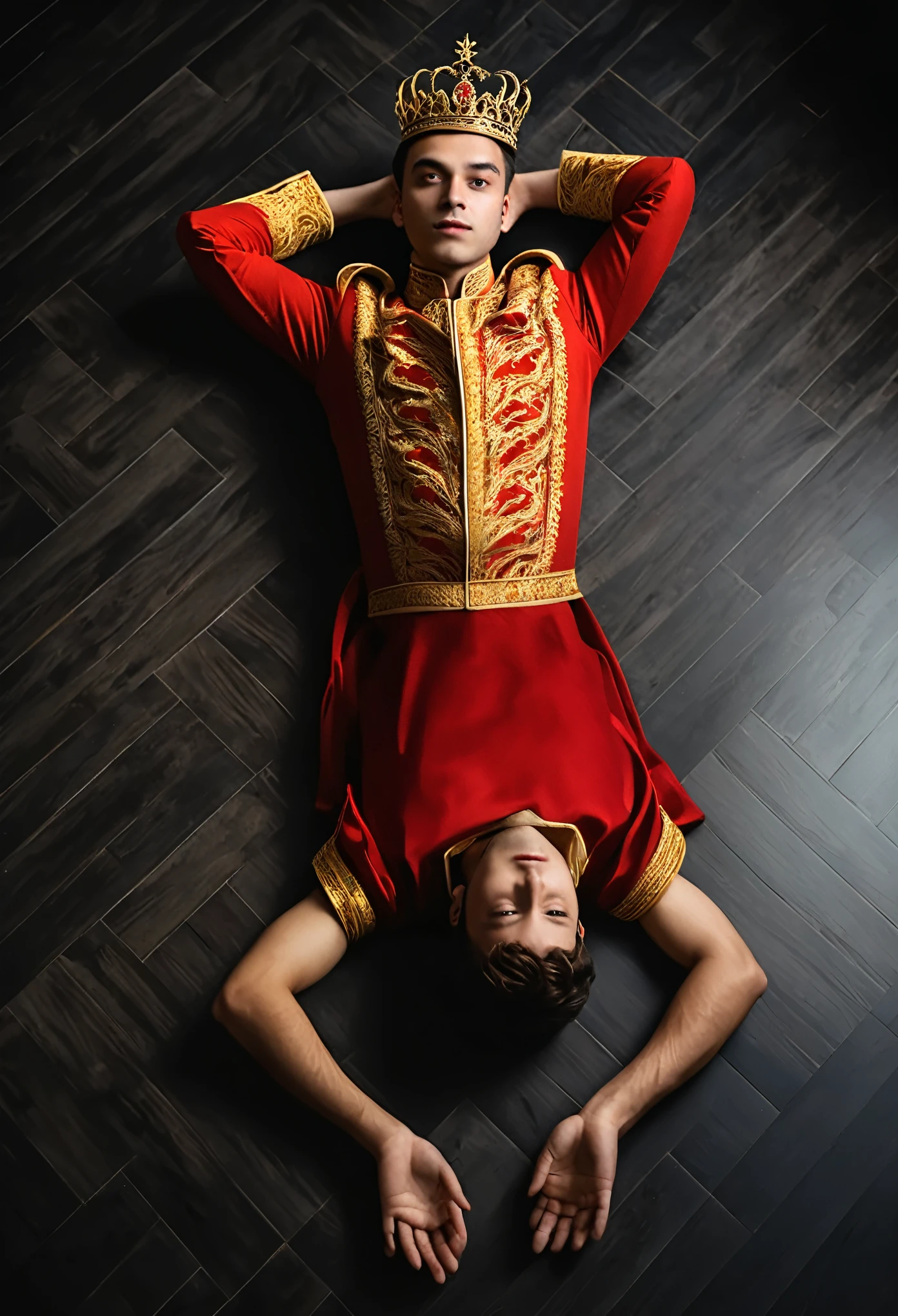 Realistic, personality: A young man lying down on the floor in a dark, head and back on the floor looking at ceiling top view wearing red golden royal attire dress,