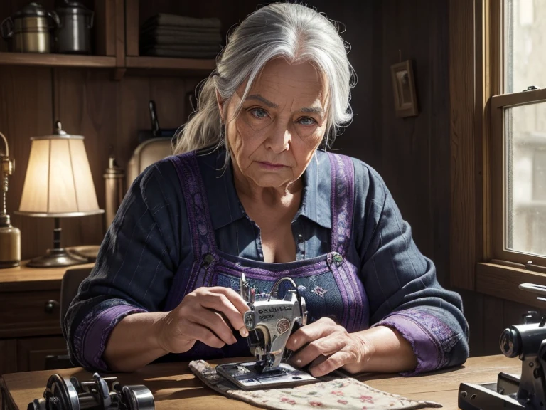 elderly, gray haired with streaks of black, wrinkles, somewhat overweight, caucasian, green eyes, woman with hints of spider-like features, wearing purple clothing, sitting at a pedal sewing machine inside her small-town pacific northwestern shop, with a slightly curious expression, (best quality,4k,8k,highres,masterpiece:1.2),ultra-detailed,(realistic,photorealistic,photo-realistic:1.37),seamstress,indigo clothing,pacific northwest small town,pedal sewing machine,spider-like features,curious expression,intricate detailed sewing,warm lighting,muted color palette