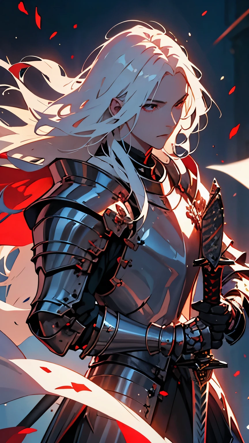 ((best quality)), ((masterpiece)), (detailed), perfect face, white skin, white hair, long hair, albino male, knight, black great sword, big sword, red armor, luxurious armor, fantasy, Fantastic light, world of swords and magic, detailed hands, Gloomy expression, A magic swordsman with great magical powers hidden within, Long white hair blowing in the wind, textured skin, high quality, highres, 8k, reflection light, ray tracing