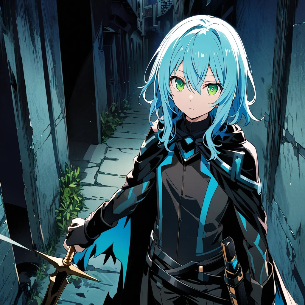 Rimuru Tempest \(AKB0048 Next Stage\), (light blue hair), (sharp green eyes):1.2, black assassin costume, bangs, expressionless, cape, dagger, ((ultra-detailed)), ((illustration)), ((neat hair)), (beautiful detailed eyes), male, 1boy, holding dagger, ((shadowed alleyway)), looking at viewer