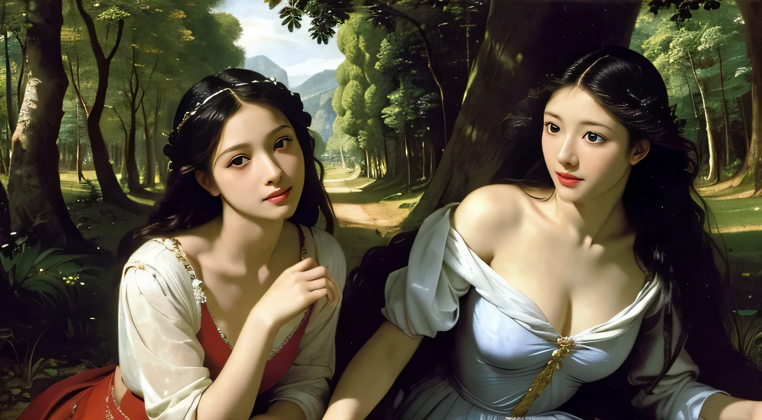 Giorgione painting style,Barbizon forest A beautiful woman in Greek dress smiles on the shore,Sweet and seductive appearance.、Caravaggio's paintings、Chiaroscuro of Caravaggio、hair tousled by the wind,Two women frolicking,cute smile, expression of ecstasy,Sexy,erotic, full body portrait