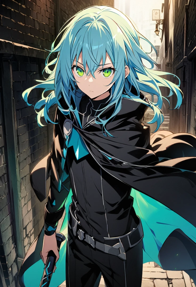 Rimuru Tempest \(AKB0048 Next Stage\), (light blue hair), (sharp green eyes):1.2, black assassin costume, bangs, expressionless, cape, dagger, ((ultra-detailed)), ((illustration)), ((neat hair)), (beautiful detailed eyes), male, 1boy, holding dagger, ((shadowed alleyway)), looking at viewer