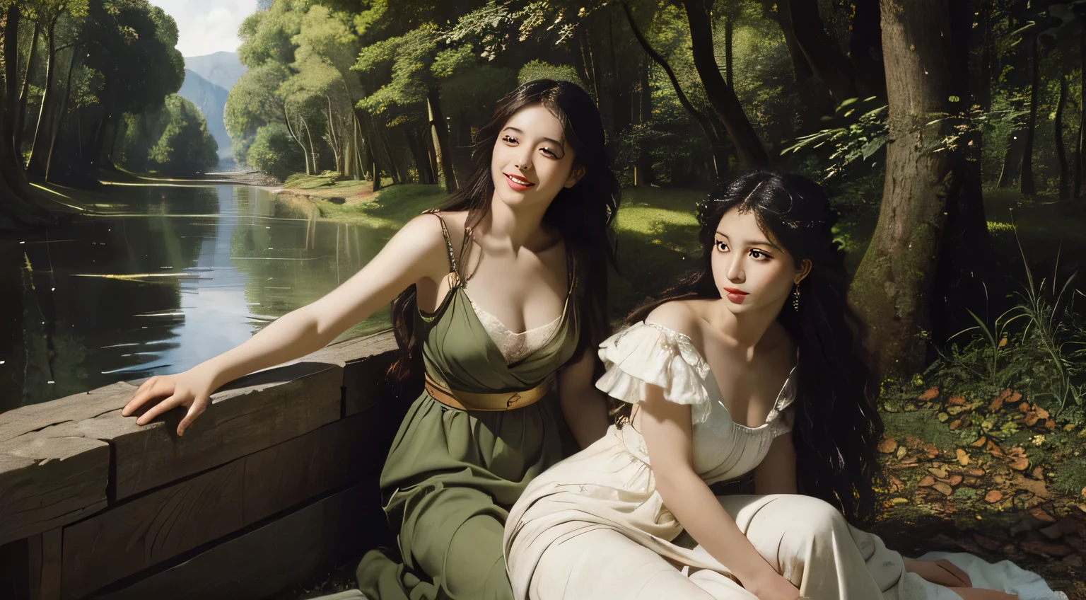 Giorgione painting style,Barbizon forest A beautiful woman in Greek dress smiles on the shore,Sweet and  appearance.、Caravaggio's paintings、Chiaroscuro of Caravaggio、hair tousled by the wind,Two women frolicking,cute smile, expression of ecstasy,Sexy,erotic, full body portrait