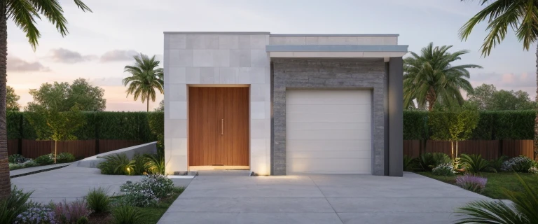 (masterpiece),(high quality), best quality, real,(realistic), super detailed,(full detail),(4k),8k,modern house exterior design,Modern architecture,Beautiful_sky,Day_light, no_humans, outdoors,sky,Tropical_trees,Garden_flower_front_of_building,