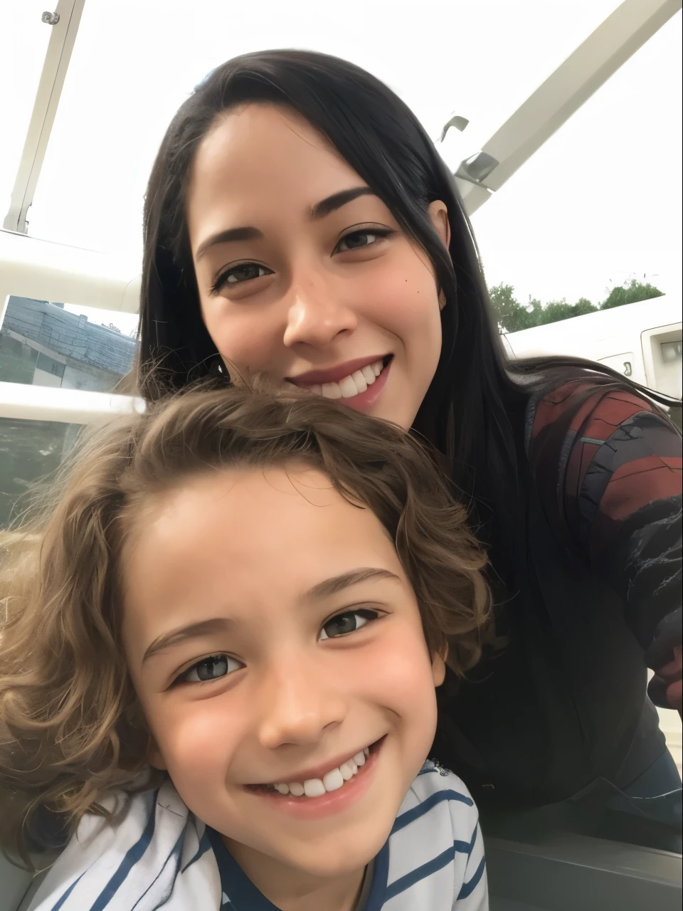 Woman and  posing for a photograph on a wooden structure, 3 5 year brazilian mother, with a kid,  anos de idade mulher, Mulher de 30 anos, Directed by: Nandor Soldier, mateus 9 5, holiday photography, imagem do avatar, imagem de perfil, imagem de qualidade muito baixa, fotografia, cabrito, em frente a um fundo de floresta