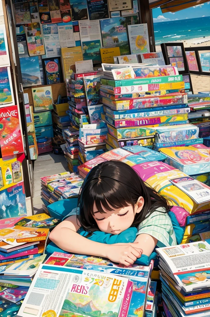 A girl sleeping surrounded by magazines,cute face,colorful,Magazines are scattered all over the place,Seaside town,Scenery from a dream,depth of field,portrait,(art by Claude Monet),Impressionism,leinairisme,