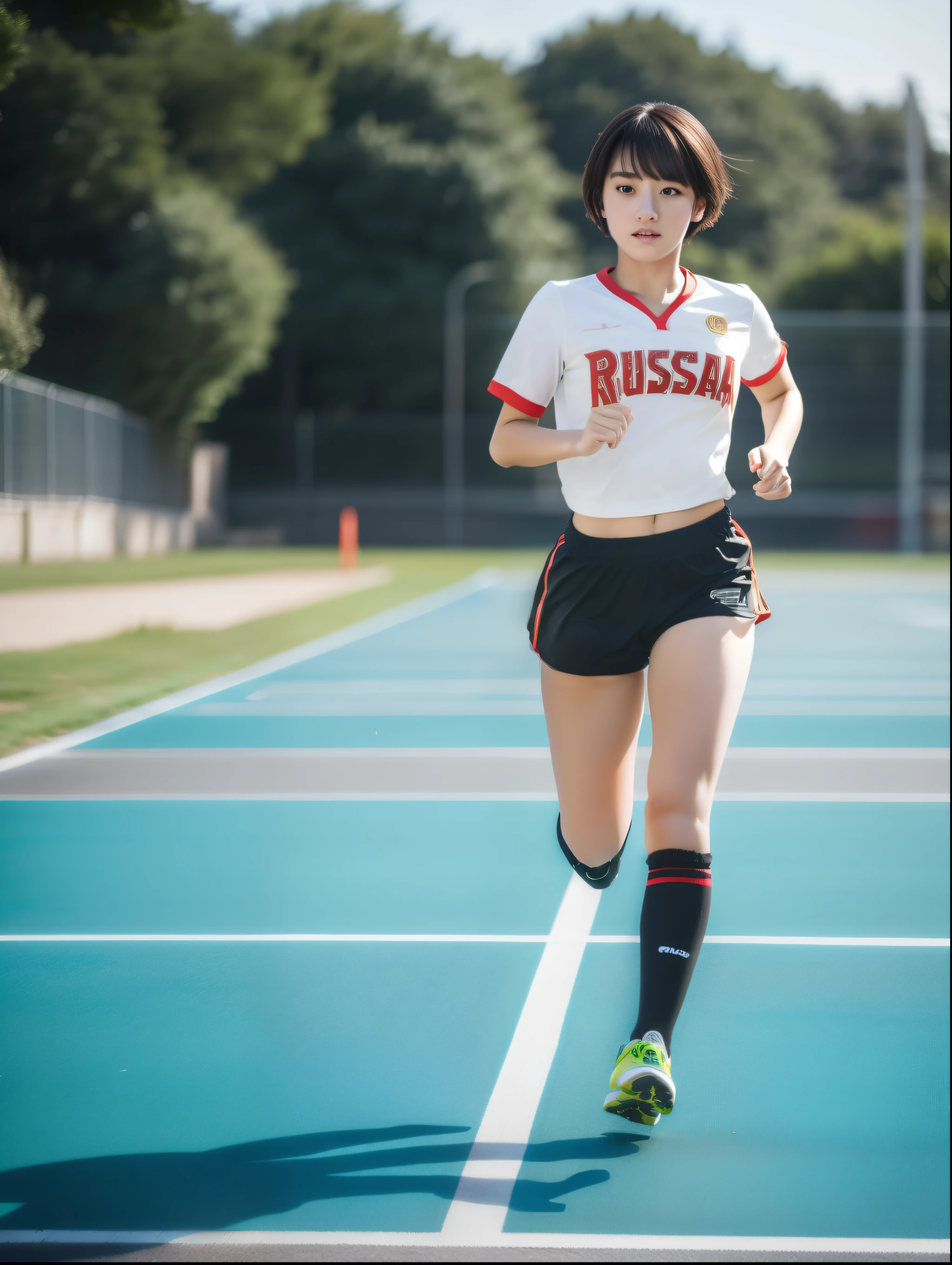 ((8k:1.27), best quality, masterpiece, ultra highres:1.2) Photo of cute idol girl (beautiful:1.1), teen, 18 years old, fantasy, detailed, professionally photography, Hasselblad camera, depth of field, 300mm fixed lens, super realistic, ray tracing, cinematic photography, natural lighting, thick body, short haircut, randomly hair color, cute russian girl, big breast, solo girl, 1 girl, wear jersey soccer, play soccer, kick ball, dribbling, full body, running