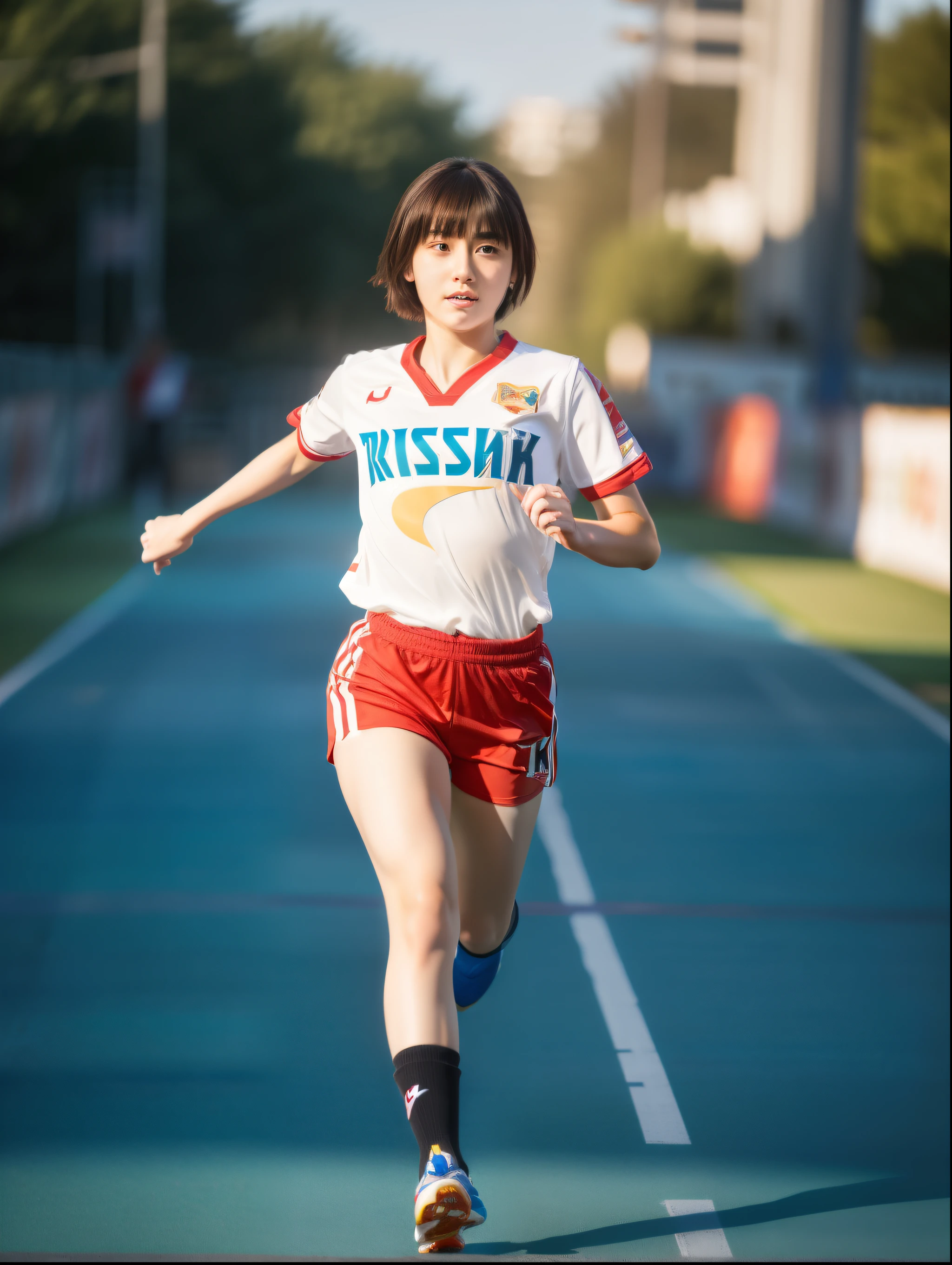 ((8k:1.27), best quality, masterpiece, ultra highres:1.2) Photo of cute idol girl (beautiful:1.1), teen, 18 years old, fantasy, detailed, professionally photography, Hasselblad camera, depth of field, 300mm fixed lens, super realistic, ray tracing, cinematic photography, natural lighting, thick body, short haircut, randomly hair color, cute russian girl, big breast, solo girl, 1 girl, wear jersey soccer, play soccer, kick ball, dribbling, full body, running