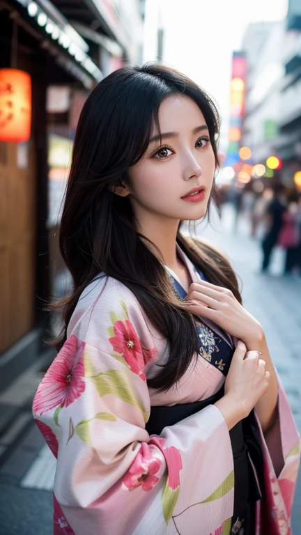 Beautiful Japanese supermodel woman, A lock of hair with slight highlights, black eyes, Sexy，street background，Gorgeous kimono , Liquid color flows across her face, Shooting against the light，Perfect facial lighting，mixed media