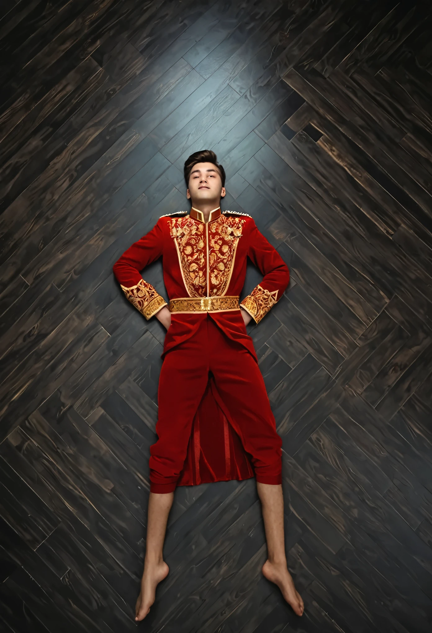 Realistic, personality: A young man lying down on the floor in a dark, head and back on the floor looking at ceiling top view wearing red golden royal attire dress,