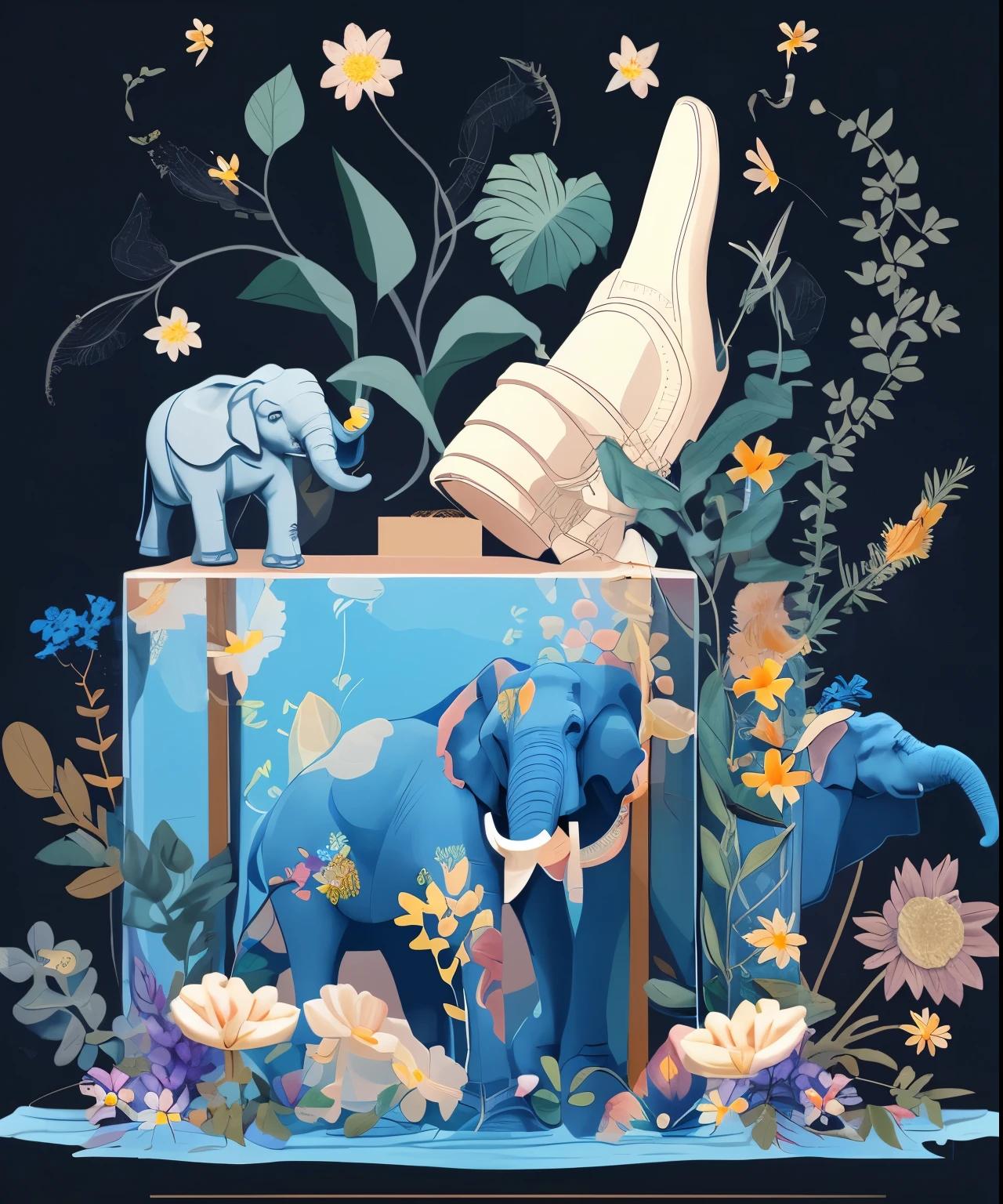 boot,elephant,Flowers and trees,leaf,Clear picture,Clear edges,Blue,animal