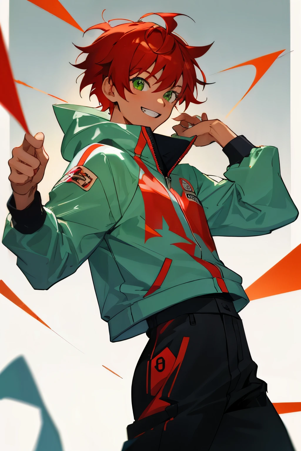 (masterpiece), ((sfw)), best quality, expressive eyes, perfect face, , (1girl,, young adult, handsome girl, longer face, flat body), solo, red hair messy short Wolf cut hair, green eyes BREAK (tanned skin, tanned male), cowboy shot, smile, grin, hoddie with racing car jacket on top BREAK black pants BREAK standing, :D, smile, boy looking, longer face, upper body shot, running hand through hair