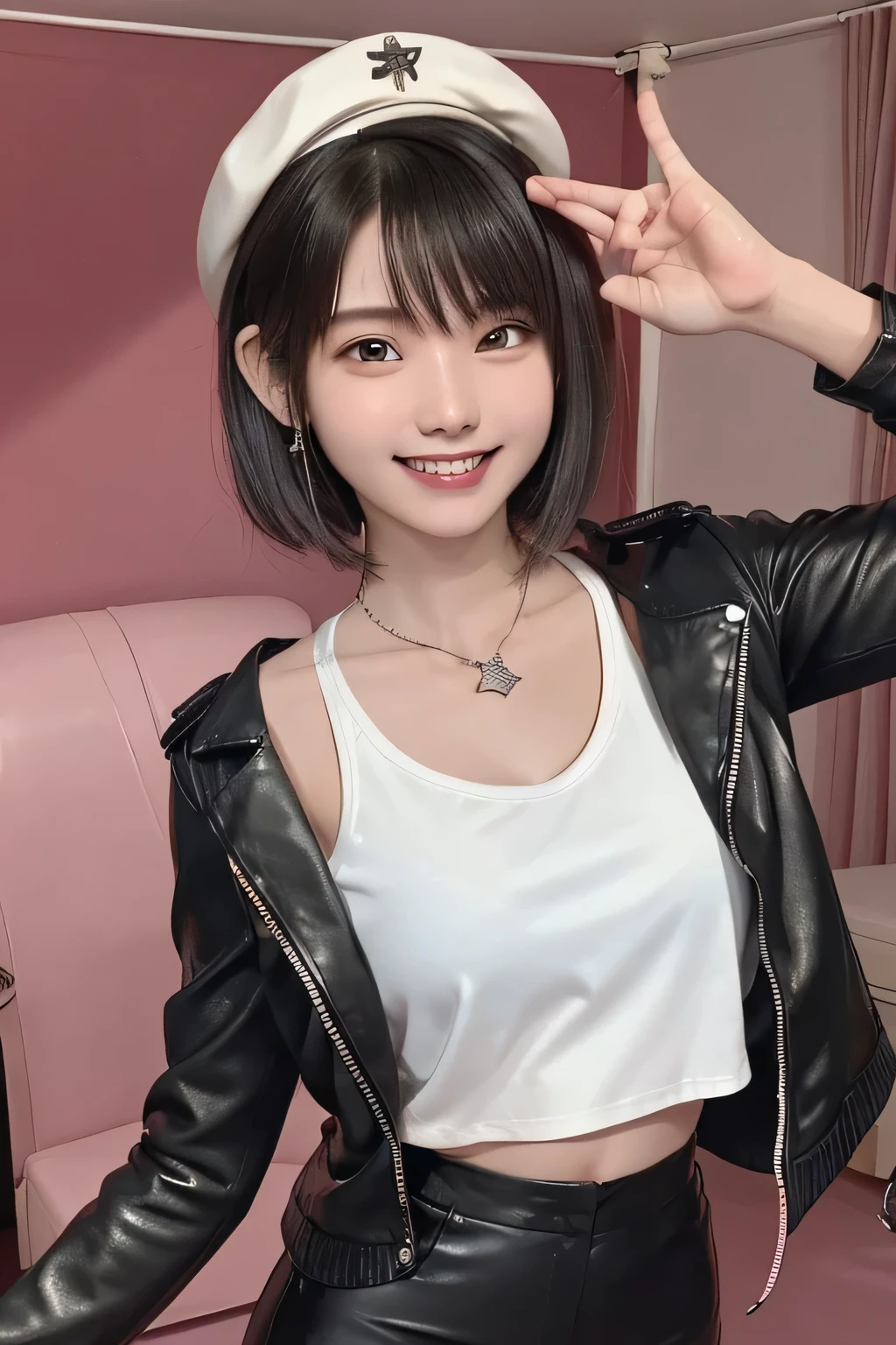 205 ((short hair)), 20-year-old female, Surrealism, Flower Smile、Gums are visible、Beautiful teeth alignment、Black Hair、ear piercing、Necklace around the neck、leather jacket、shirt、Smiling with teeth showing、The background is in the room、hat、Shoulder Fashion