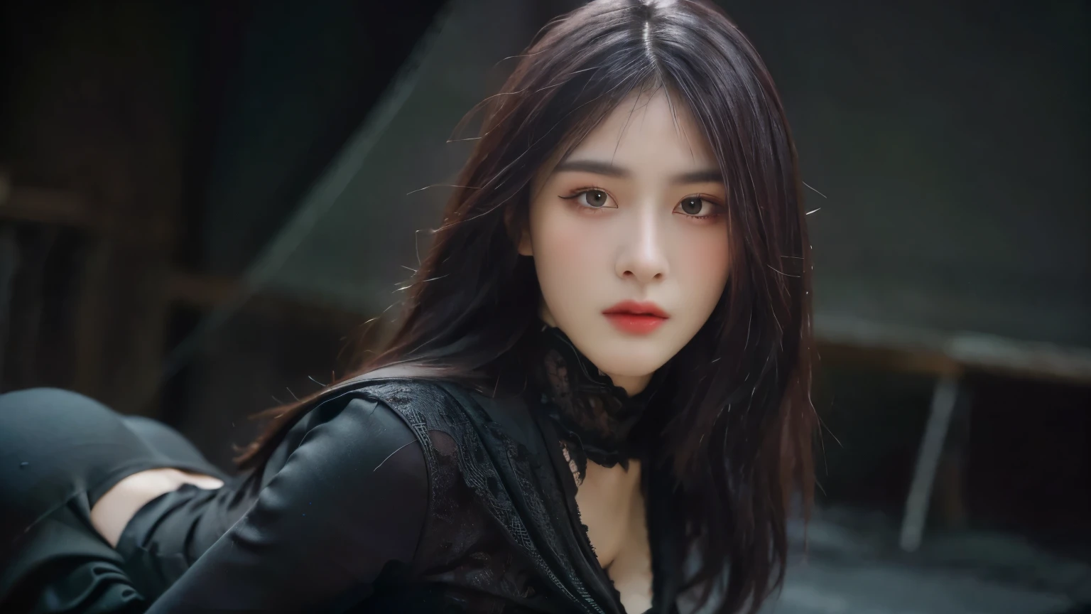 (best quality, mackerel:1.2), realistic, black dress, black hair, dark theme, black background, intense gaze, Graceful posture, flowing dress, detailed facial features, long eyelashes, pale skin, difference, fine details, dramatic atmosphere, gothic style, intense emotion, monochromatic color palette, fascinating setting, Unforgettable beauty, artistic photo, everything is black