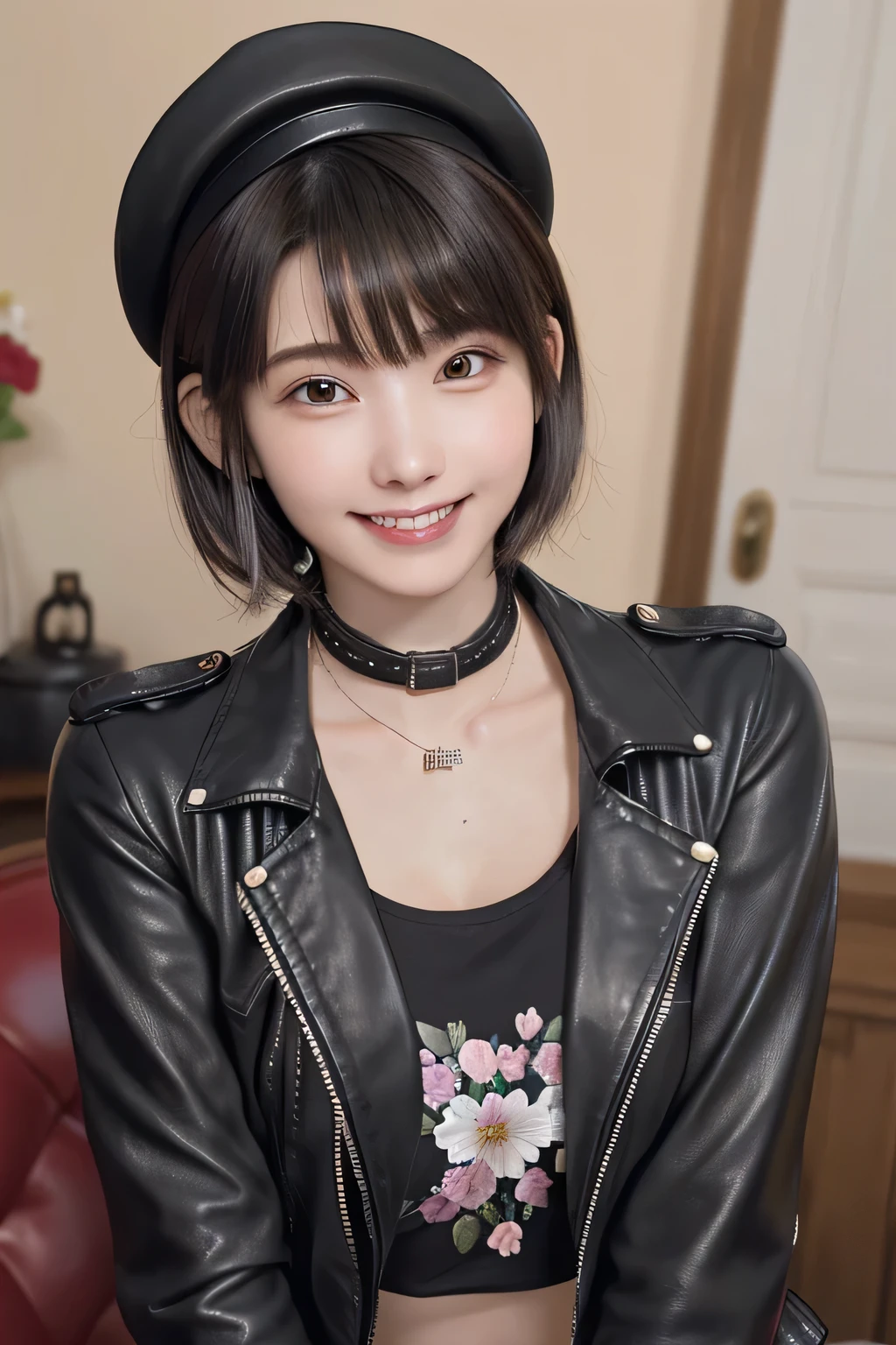 205  ((short hair)), 20-year-old female, Surrealism, Flower Smile、Gums are visible、Beautiful teeth alignment、Black Hair、ear piercing、Necklace around the neck、leather jacket、shirt、Smiling with teeth showing、The background is in the room、hat、Shoulder Fashion