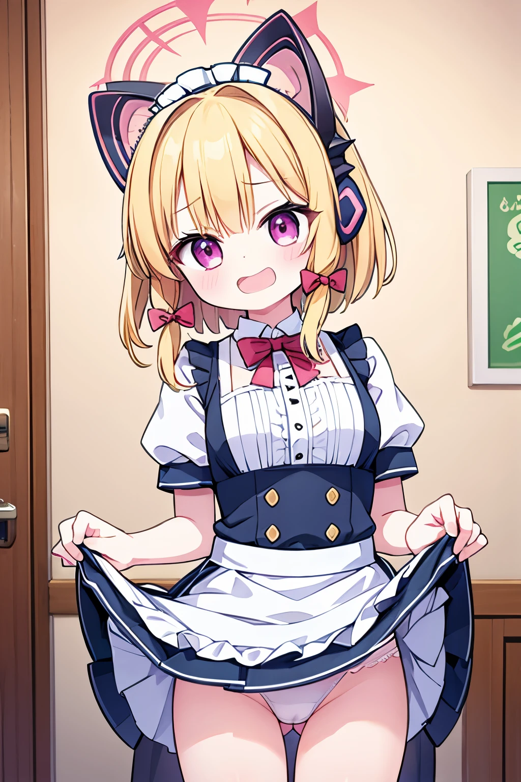 G-Cup masterpiece highest quality High resolution Blonde Maid Skirt lifted Show your pants cute Momoi Saiba smile A slightly open mouth Light in your eyes Eye highlights