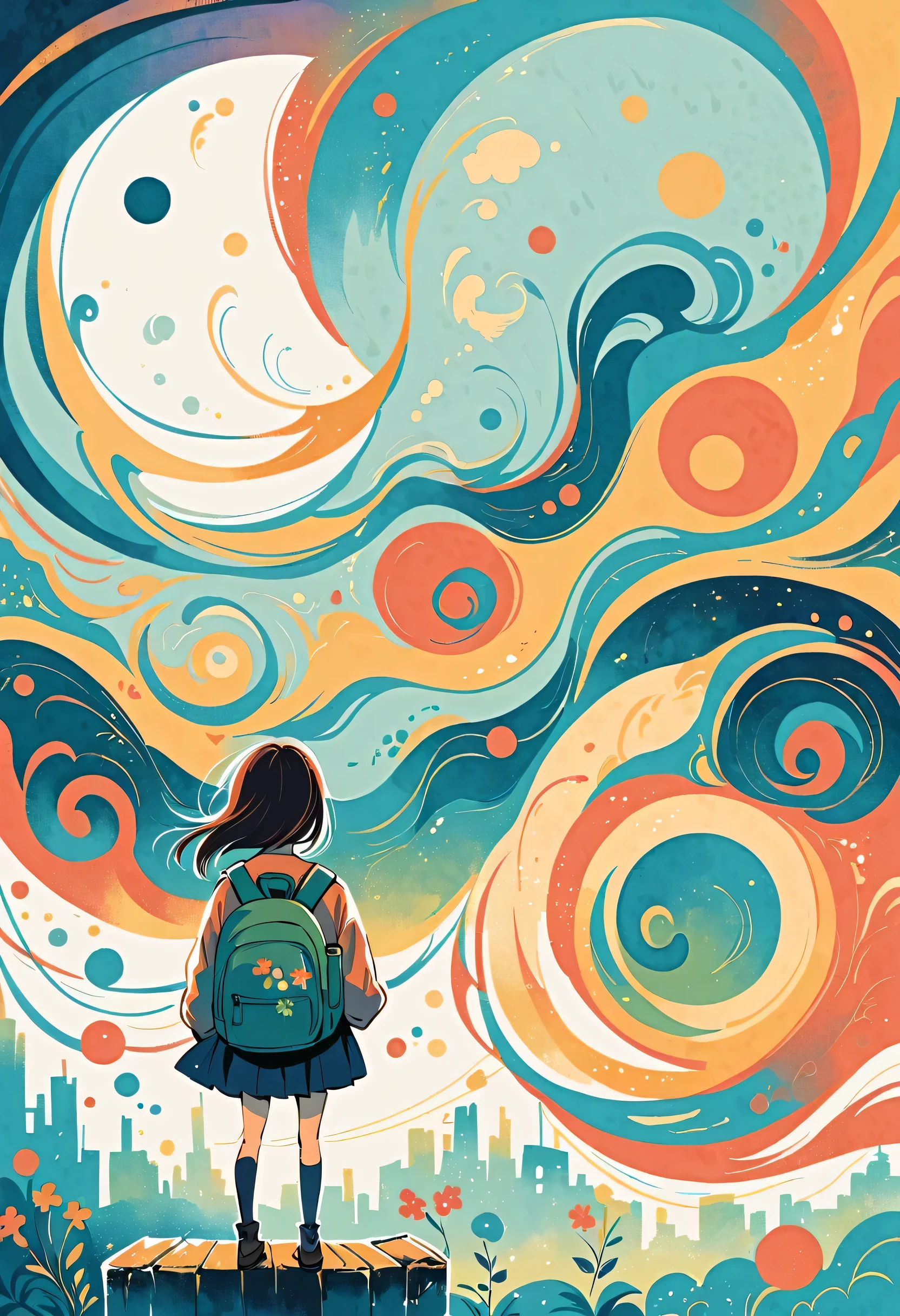 Fujichoco style, Standing in front of a high wall,Girl with backpack on rooftop,My backpack is full of happy spring,Simple Line Initialism,Abstract art,Urban Background, (((The most beautiful girl))),