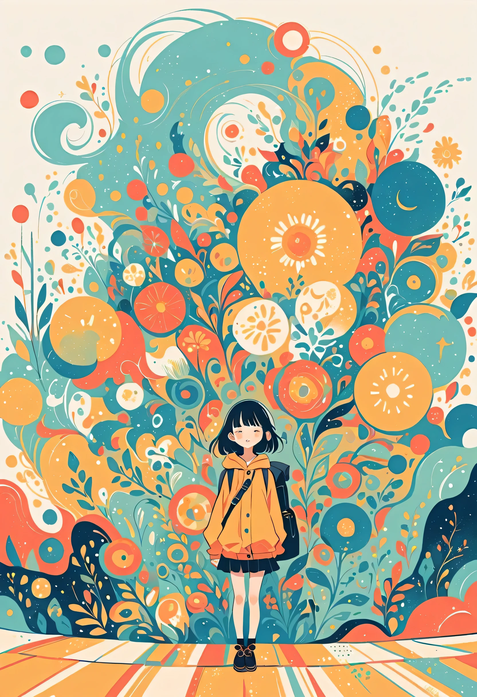 Fujichoco style, Standing in front of a high wall,Girl with backpack on rooftop,My backpack is full of happy spring,Simple Line Initialism,Abstract art,Urban Background, (((The most beautiful girl))),