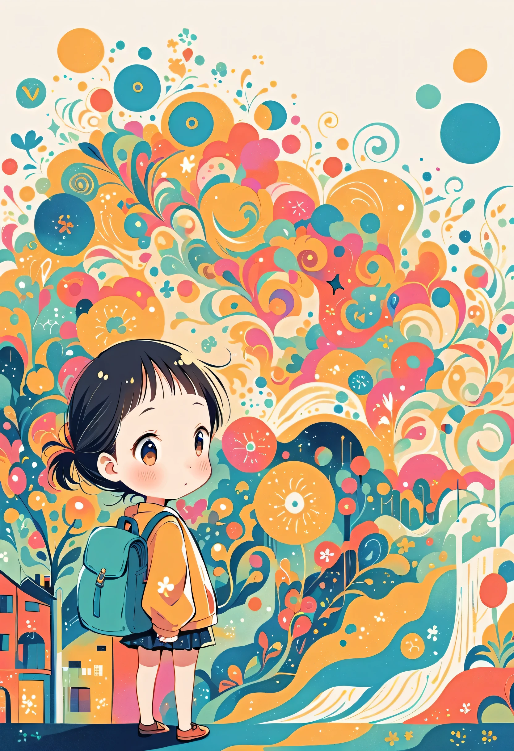 Fujichoco style, Standing in front of a high wall，Girl with backpack on rooftop，My backpack is full of happy spring，Simple Line Initialism，Abstract art，Urban Background, (((The most beautiful girl))),