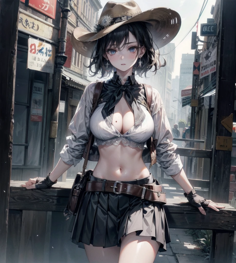 absurdres, RAW photo, extremely delicate and beautiful, masterpiece, Best Quality, ultra high resolution, 32k, hyperrealistic, ultra-detailed, detailed description, perfect anatomy, pale skin, 20 years old, detailed beautiful face and eyes, tearful mole, earring, short medium hair, wavy hair, full body shot, colossal tits, cowgirl costume, vest, cowboy hat, fingerless gloves, midriff, neckerchief, short skirt, holster,
