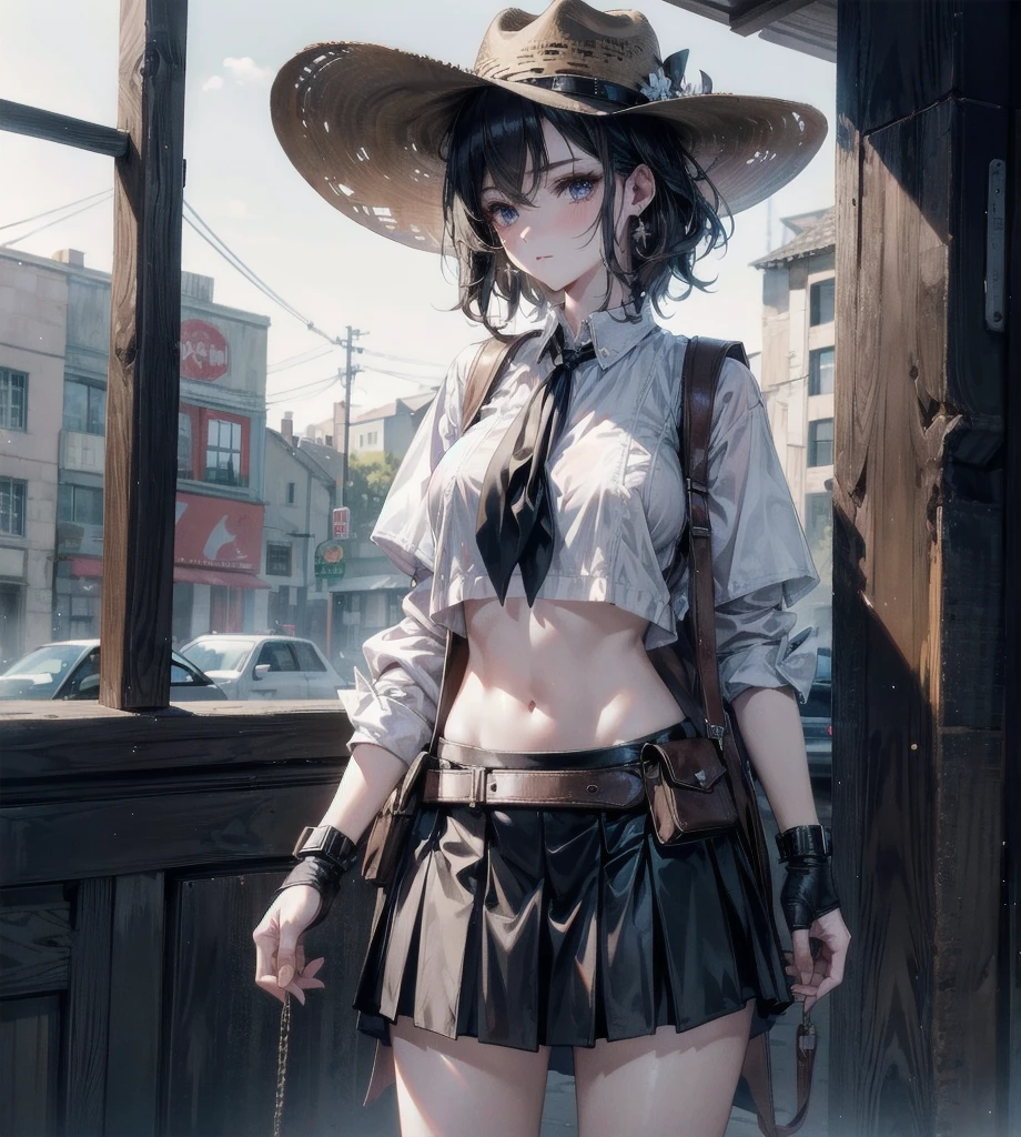 absurdres, RAW photo, extremely delicate and beautiful, masterpiece, Best Quality, ultra high resolution, 32k, hyperrealistic, ultra-detailed, detailed description, perfect anatomy, pale skin, 20 years old, detailed beautiful face and eyes, tearful mole, earring, short medium hair, wavy hair, full body shot, colossal , cowgirl costume, vest, cowboy hat, fingerless gloves, midriff, neckerchief, short skirt, holster,